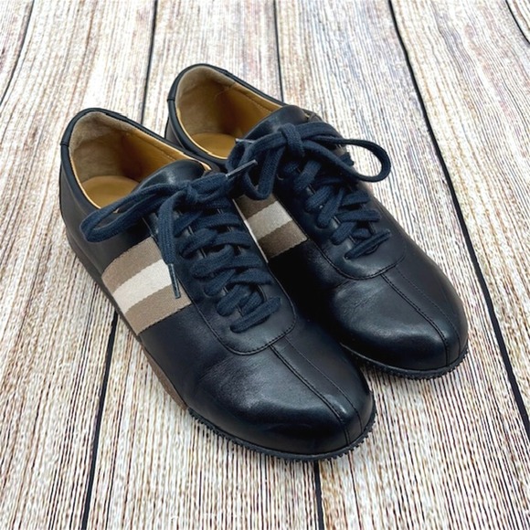 Bally Free Women's 5.5 Black Leather‎ Trainer Stripe Low Top Sneakers